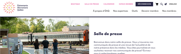 Capture d’écran de la salle de presse d’Événements Attractions Québec, qui regroupe les communiqués, la revue de presse et les prises de position de l’organisation.