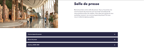 Capture d'écran de la page Salle de presse du site d'ÉAQ