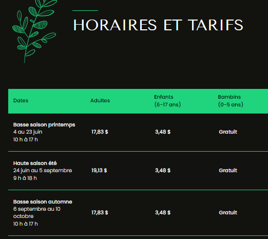 Horaires et tarifs pour une attraction touristique